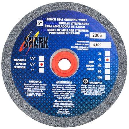 Shark Industries 5-in. x 3/4-in. x 1/2-in. Bench Seat Grinding Wheel 46 Grit, Aluminum Oxide 2006